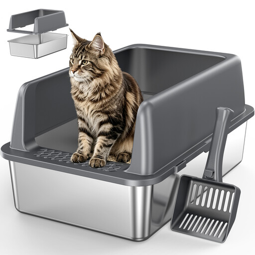 VVM, très grande litière pour chat en acier inoxydable à rebords hauts