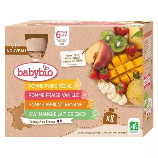 BABYBIO organic mixed-fruit purées in eight 90 g pouches, from 6 months