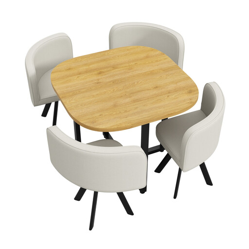 Set of 4 wooden dining table and beige chairs compact dining set