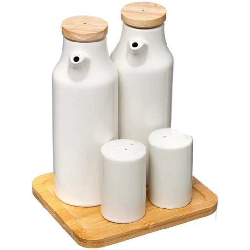 5five Ceramic Oil and Vinegar Set with Bamboo Stand - White, 15 x 10 x 18 cm