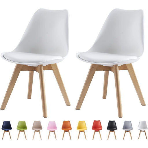 A white Scandinavian-style dining chair with wooden legs and a soft seat pad.