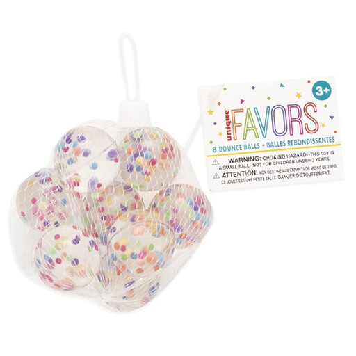 A net bag containing eight colourful bouncy balls filled with confetti