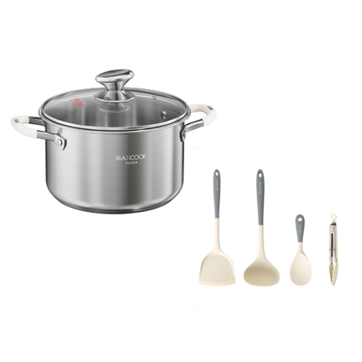 [Cooking Essentials Bundle] Maxcook 4.3L 304 Stainless Steel Stock Pot (22cm) With Glass Lid and Silicone Handles, Soup Pot for Induction Cooktop + Maxcook Silicone Kitchenware Spatula Spoon Food Holder - Set of 4