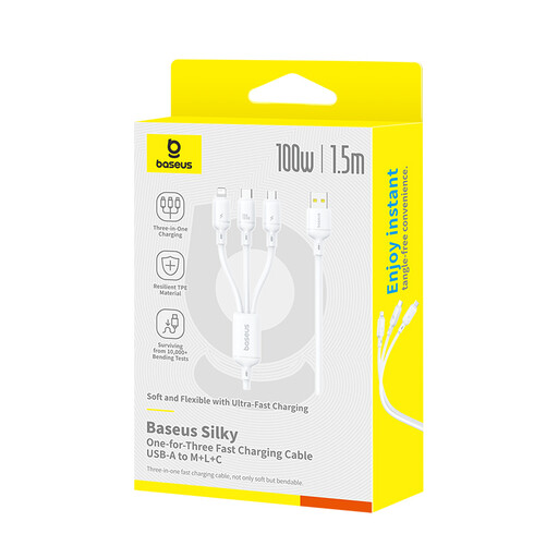 Baseus Silky One-for-Three Fast Charging Cable USB-A to M+L+C 100W 1.5m Moon White