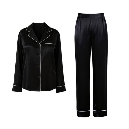 IZURIA lapel silk-like black long sleeved top and pants set
