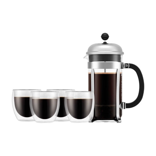 Bodum CHAMBORD 1L French Press Coffee Maker and 4 PAVINA Glasses 250ml