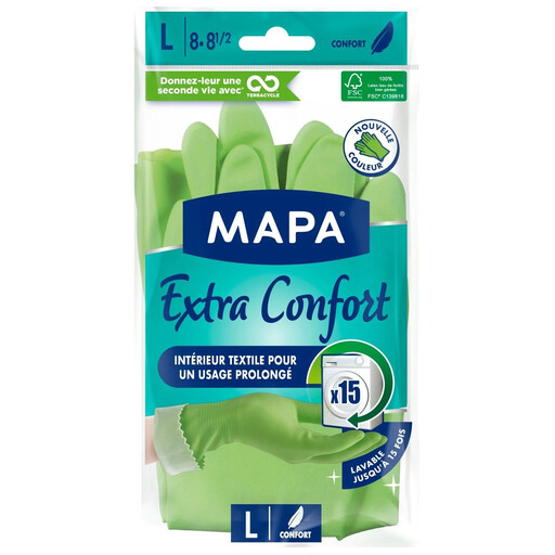 MAPA Natural Latex Cleaning Gloves with Cotton Lining, Reusable, Size L (8-8.5)