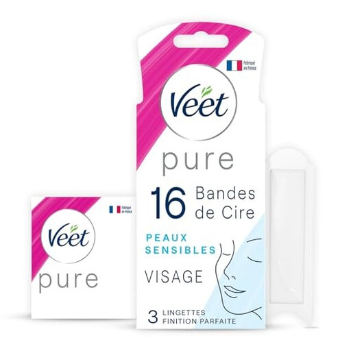 VEET Cold Wax Strips for Face Sensitive Skin Easy Grip with Almond Oil - 16 Count