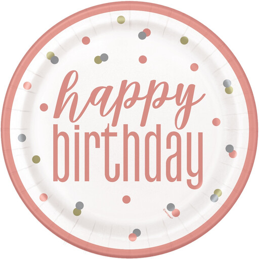 A pack of rose gold and white birthday paper plates with a polka dot design