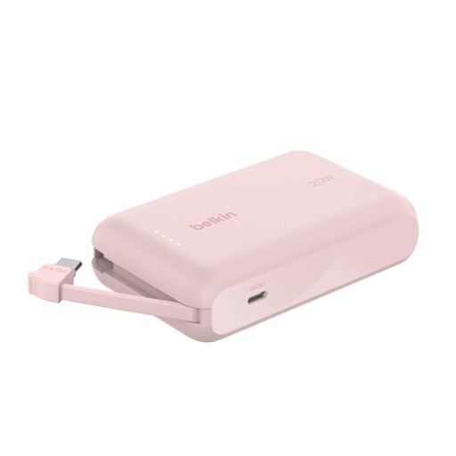 Compact pink Belkin BOOST CHARGE 10000mAh power bank with integrated cable