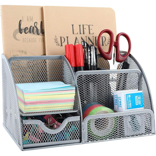 Senhoglb Mesh Desk Tidy in Silver with Drawer