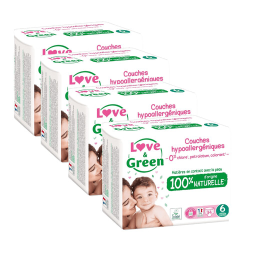 LOVE & GREEN Hypoallergenic and Eco-Friendly Nappies T6 - Pack of 4 (136 Nappies)