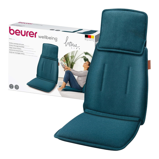 Beurer MG 330 Shiatsu Massage Seat Cushion, 3 Massage Areas and 2 Intensities, Deep Massage for Neck, Upper and Lower Back, Hand Simulating Massage in the Neck Area, Petrol