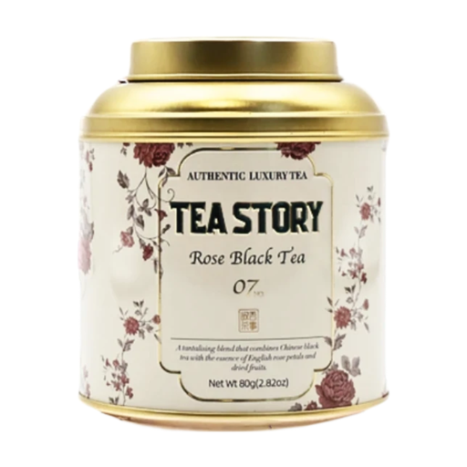 Tea Story Rose Black Tea in a silver caddy
