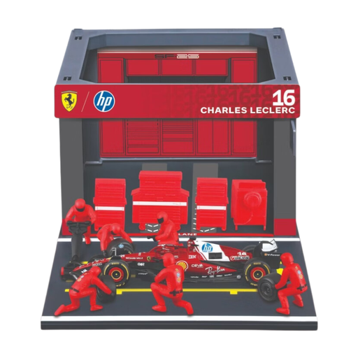 1/43 BBURAGO Pit-Stop Ferrari SF 25 (véhicule + Figurines mécaniciens + Paddock + Accessoires) #16 Leclerc