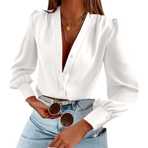 Women's Business Casual Tops Summer Long Sleeve Silk Button Down Shirts V Neck Chiffon Blouses (white, S)