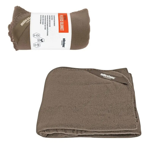 A stone-coloured fleece blanket designed for travel and camping.