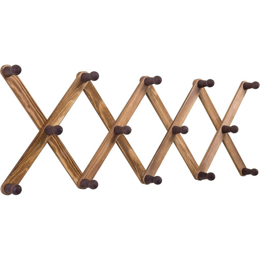 My Gift 14 Hook Burnt Brown Wood Wall Mounted Expandable Accordion Peg Coat and Hat Hanger Rack