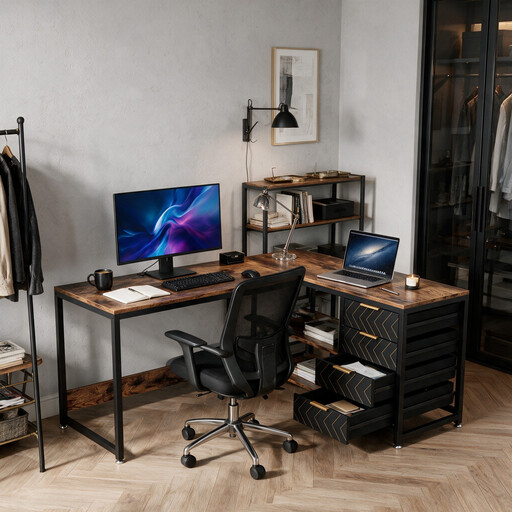 150cm L-Shaped Desk, Reversible Corner Desk with Drawers & Shelves