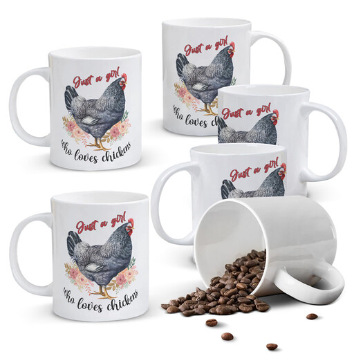 White mug with a rooster, flowers, and the quote "Just a Girl Who Loves Chickens"