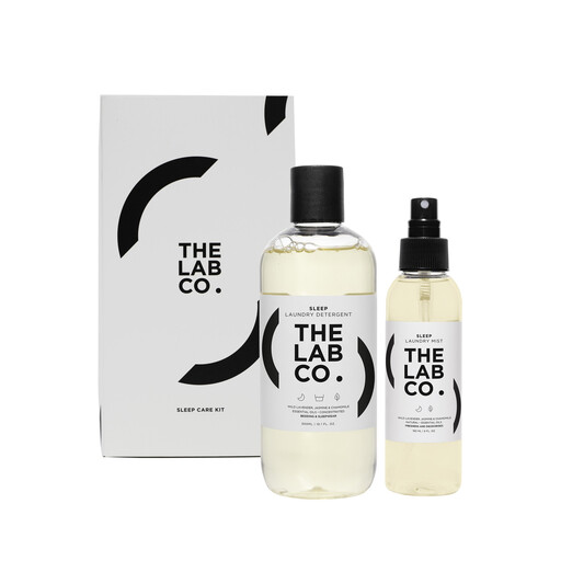 The Lab Co. Sleep Care Kit containing a non-bio laundry wash and a fabric mist spray with lavender and chamomile scents.