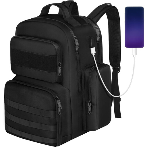 A black tactical-style backpack with multiple compartments and a prominent insulated lunch section at the bottom.