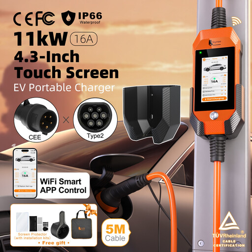 feyree Type2 11kW Portable 4.3''Touch Screen HomeUse EV Charger with DualTemp Protection & APP History Log for Electric Vehicles