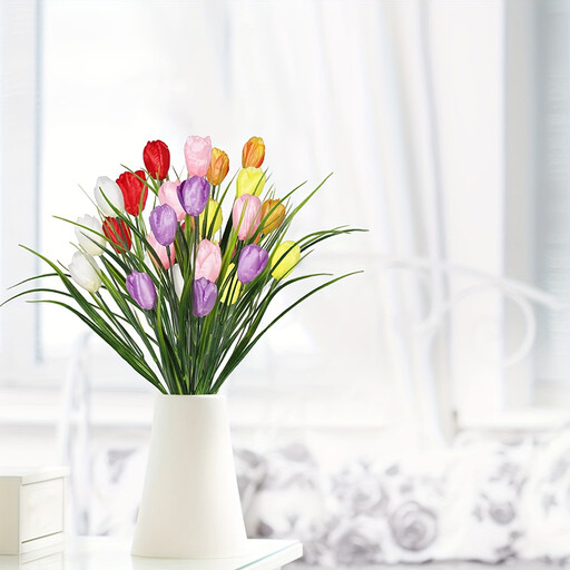 12Pcs 15in/38cm Artificial Flowers Multicolor Fake Tulips No Fade Faux Tulips Plastic Flowers Arrangement for Easter Spring Decoration Wreath