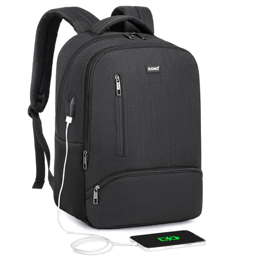 A black, lightweight laptop backpack with a simple design and side mesh pocket.