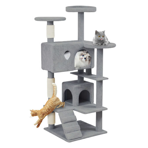 Grand arbre à chat stable de 49 × 49 × 130 cm avec panier et griffoir, gris clair