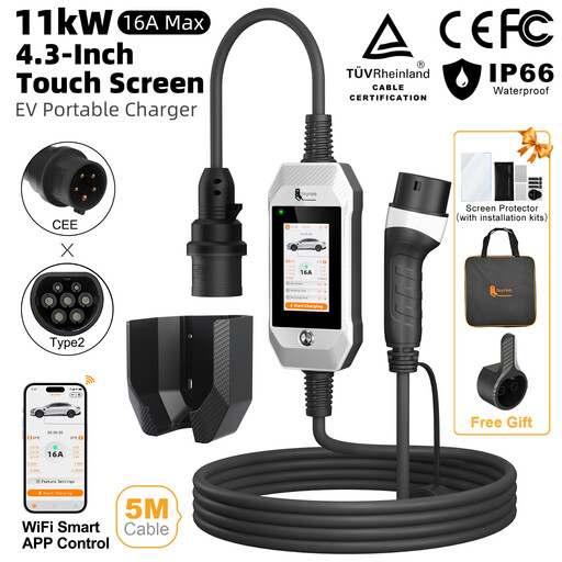feyree 11kW 16A 3P Portable EV Charger Type 2 4.3" Touchscreen & Charge History WIFI APP Control