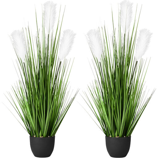 Two tall artificial pampas grass plants in black pots