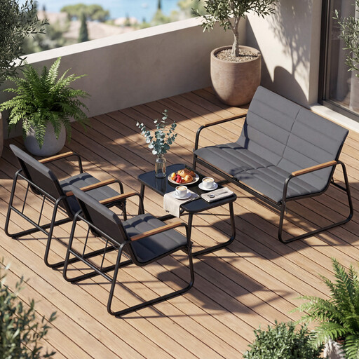 Costway 4 Pieces Outdoor Furniture Set with Cushions and Toughened Glass Table-Grey