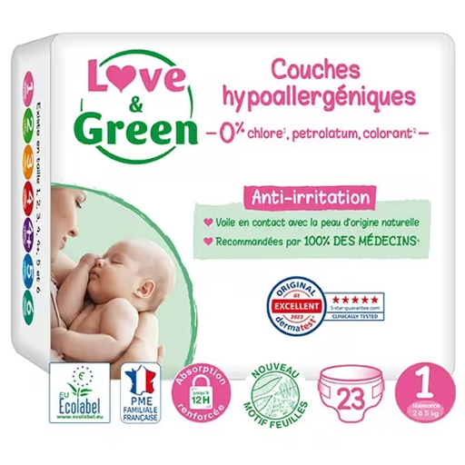 LOVE & GREEN Hypoallergenic Eco-Diapers Size 1 2-5kg - 23 Diapers