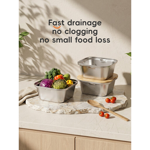 A set of square stainless steel bowls and colanders with bamboo lids