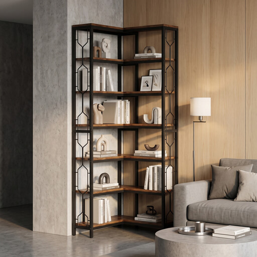 Corner Bookcase, 7-Tier Industrial Corner Shelf, Wood and Metal Corner Tiered Bookcase