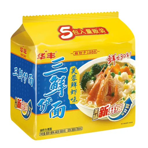 Hua Feng Three-Fresh Instant Noodles, Shrimp Flavor, Value Pack 87g × 5 (5-Pack)