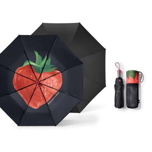 Beneunder BM397 Three-Fold Umbrella with Black Strawberry Print