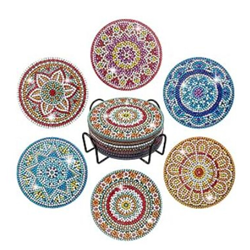 A 6-piece set of mandala-themed diamond painting coasters with a holder