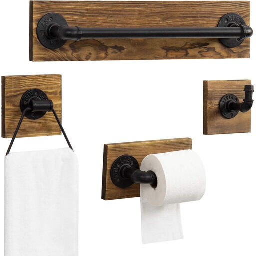 MyGift 4-teiliges Badaccessoires-Set mit geflammtem Holz und mattschwarzem Metallrohr