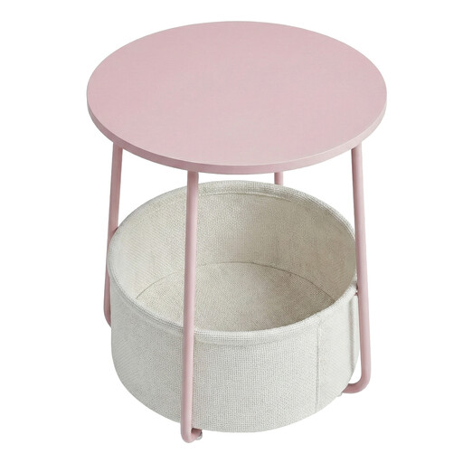 Ochama Side Table, Round End Table with Fabric Basket, Pink