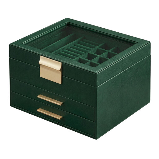 Ochama 3-Level Jewellery Box with Glass Lid – Glamour Style, Vintage Green & Gold