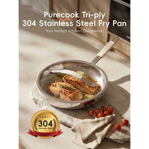 PURECOOK 三层复合 304 不锈钢带盖煎锅 26 cm
