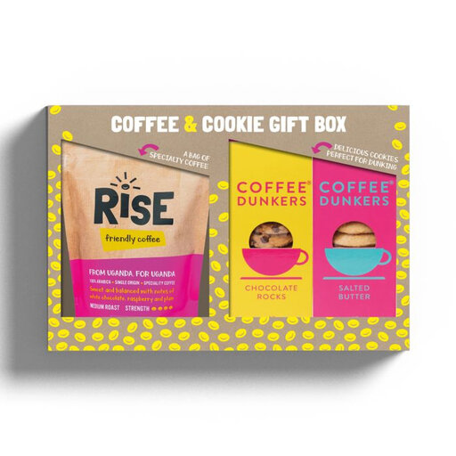 Coffee and Cookie Gift Set with 250 g Medium Roast Ground Coffee, Choc Rocks Dunkers and Salted Butter Dunkers