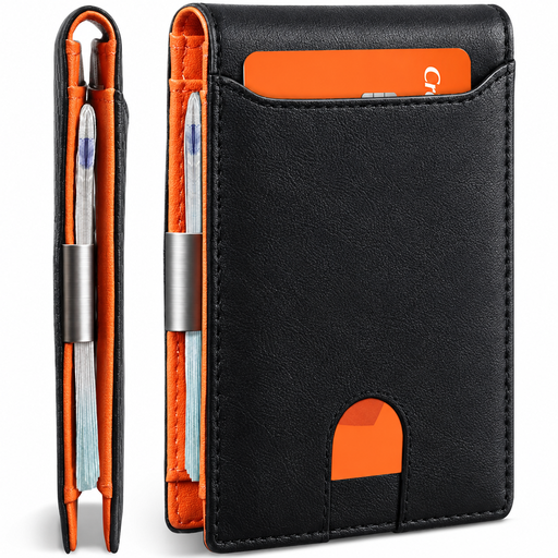 Men's slim wallet with RFID protection, 11 card slots, ID window, note clip and coin pocket, mini wallet in black and orange carbon-fibre-effect material