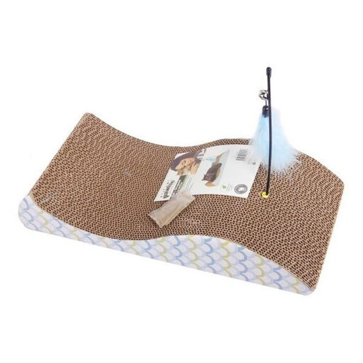 A wave-shaped cardboard cat scratcher designed to look like a fish, with a dangling toy.