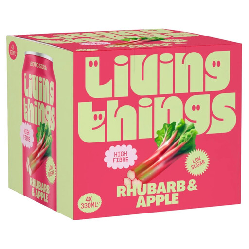 Four-pack of Living Things Rhubarb & Apple Soda