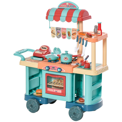 HOMCOM 50 Pcs Kids Kitchen Play set Fast Food Trolley Cart