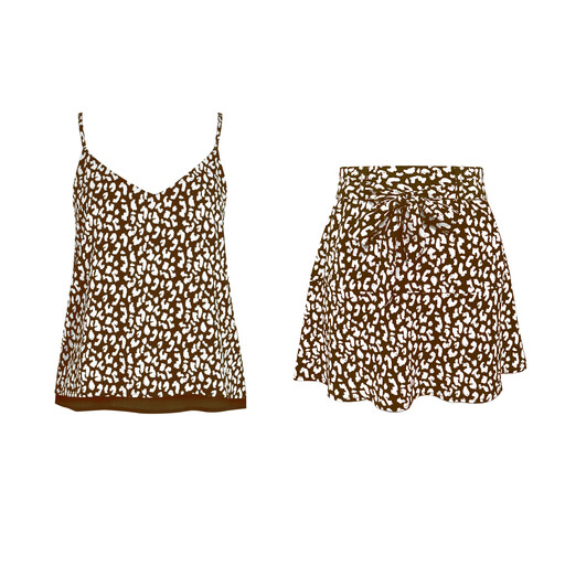 IZURIA V-Neck Coffee Printed Camisole and Pantskirt Set