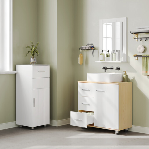EUGAD Under-Sink Cabinet with 3 Drawers, 2-Compartment Storage, Adjustable Shelf, White + Light Oak